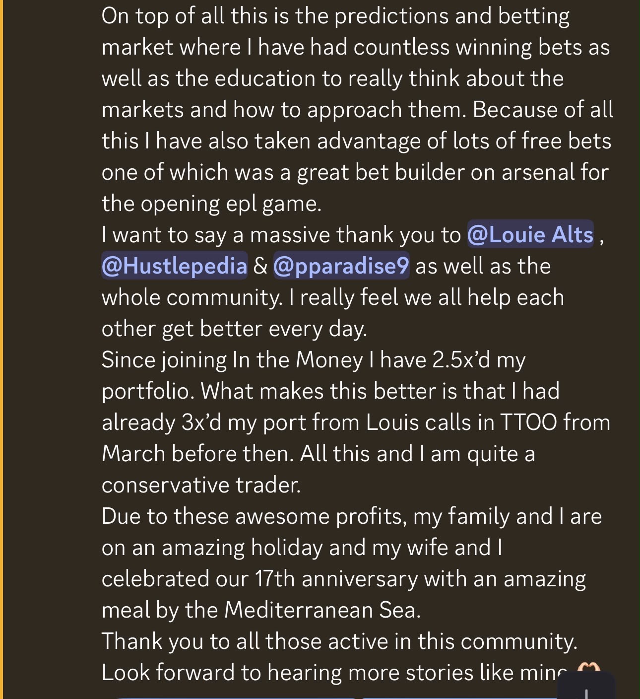Community member thanking Hustle and the community after growing their portfolio