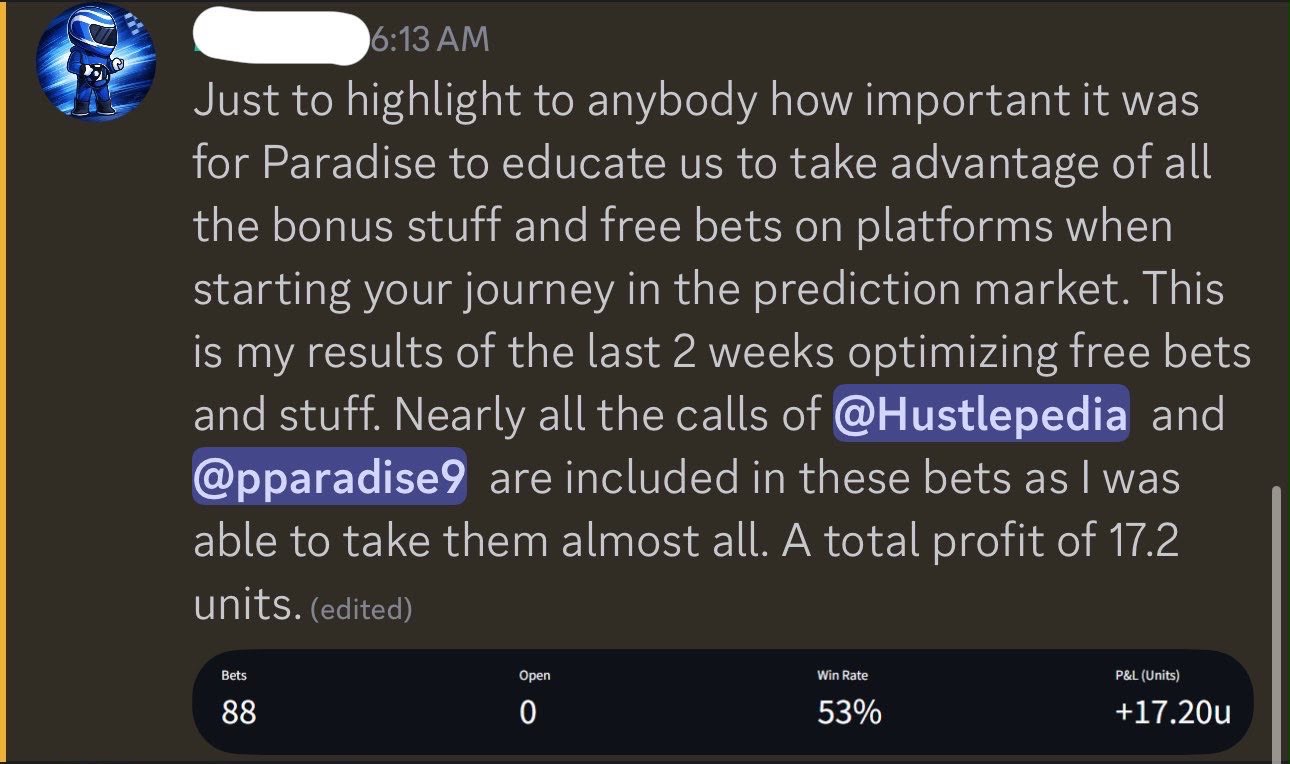 Community member sharing prediction market results with a 53% win rate and +17.2 units profit