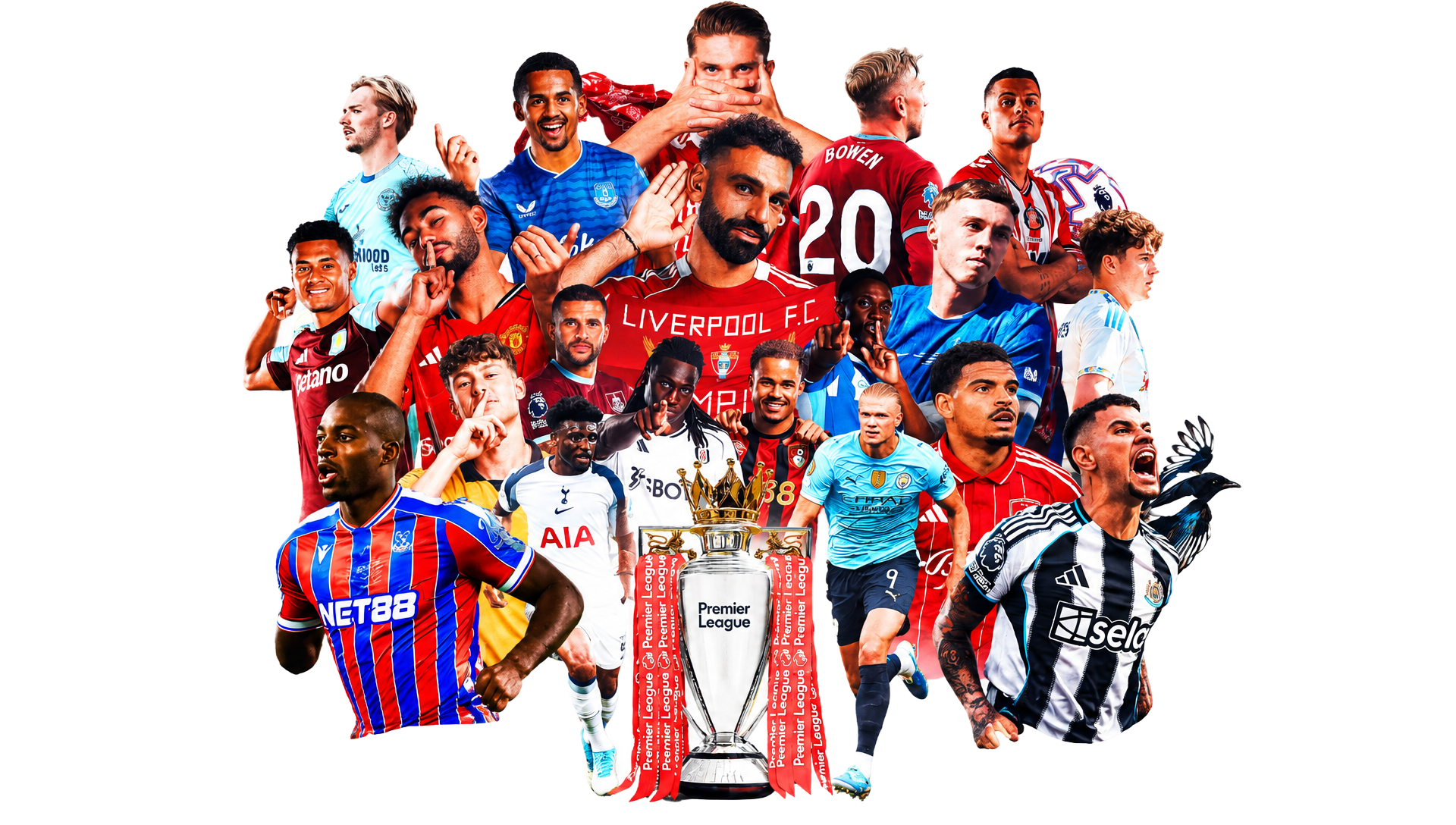 Collage of Premier League players surrounding the Premier League trophy